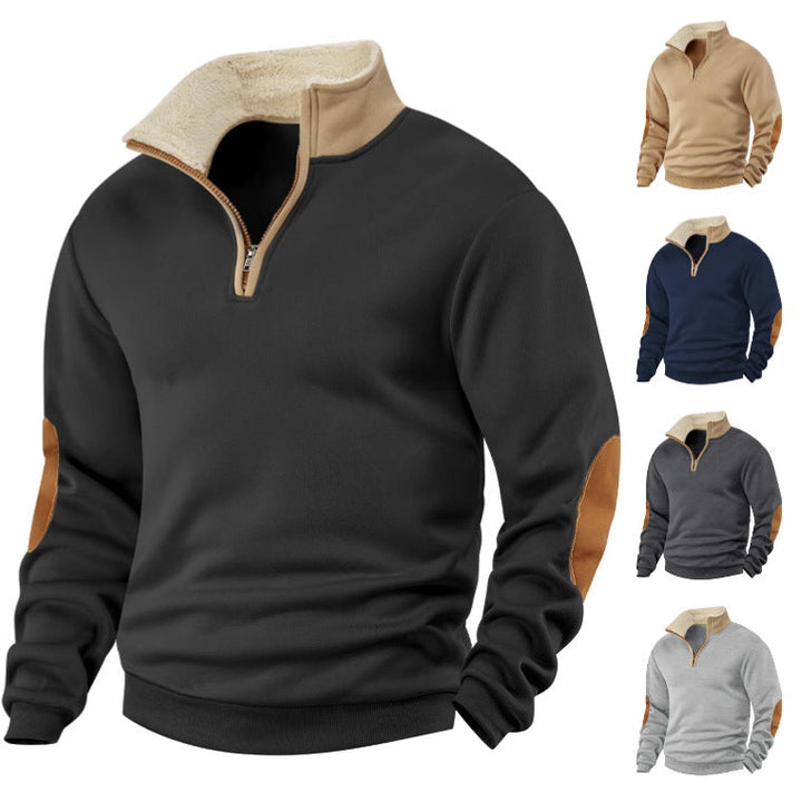 Męska Sherpa-lined krótki zamek pulower z Stójka i skóra elbow patches
