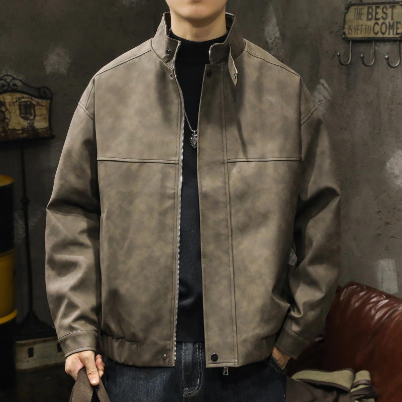 Męski Boxy Leather-Look Blouson z ukryty zamek placket, stójka, i elastic waistband