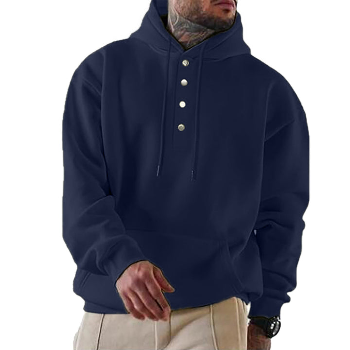 Męska bluza z kapturem z Henley Listwa guzikowa i kieszeń kangurka EB