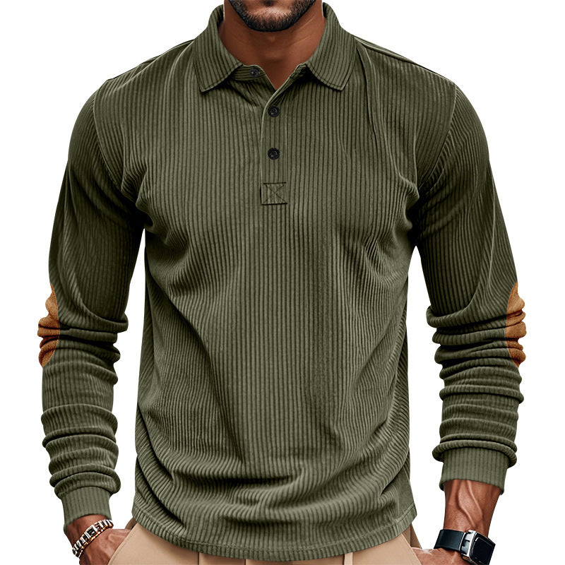 Męska heavy prążkowany bawełna polo sweter z Kent Kołnierz, triple Listwa guzikowa, i zamsz elbow patches