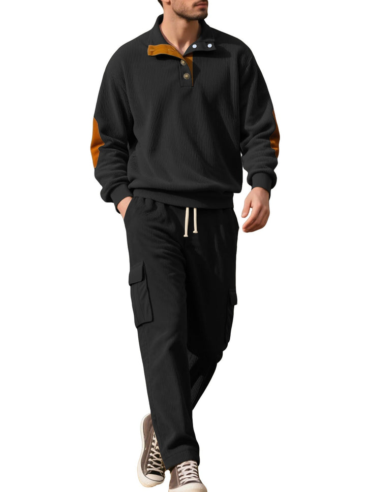 Męska strukturalny turtleneck pulower z Stójka, press stud listwa, i welur elbow patches