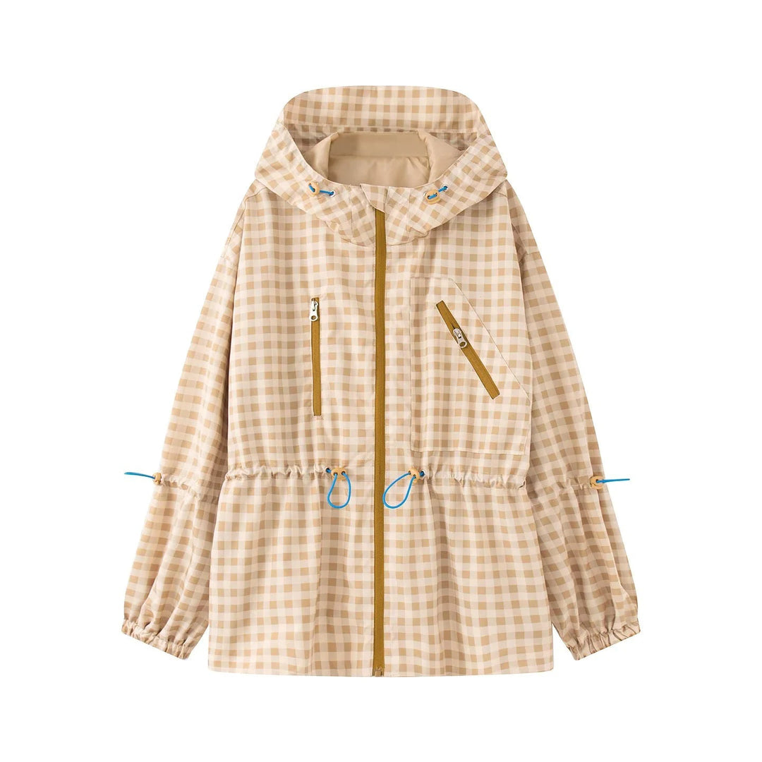Damska checkered deszczem parka z kaptur, ściągacz Talia i diagonal zippered Kieszenie