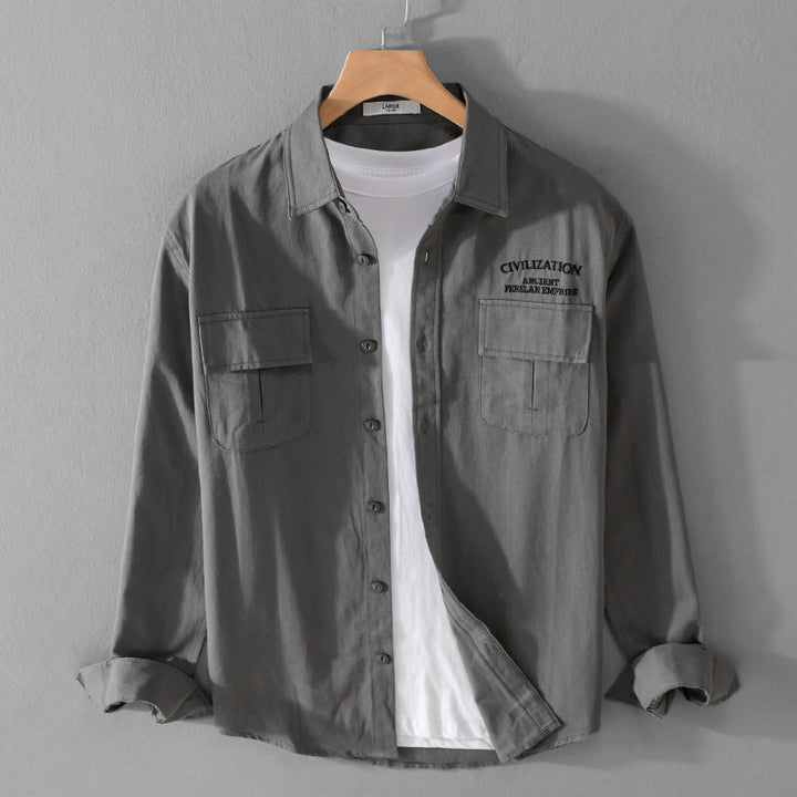 Męski Military-Inspired Koszula wierzchnia z Double Kieszenie na piersi i Subtelny Embroidery