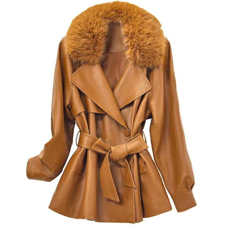 Damska krótka płaszcz made of imitacja skóry z removable faux fur kołnierzem i waist paskiem Lumaza