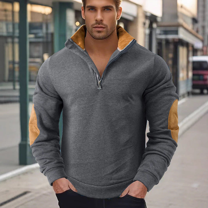 Męska krótka zamek stójka sweter z kontrastowy Kołnierz i zamsz elbow patches