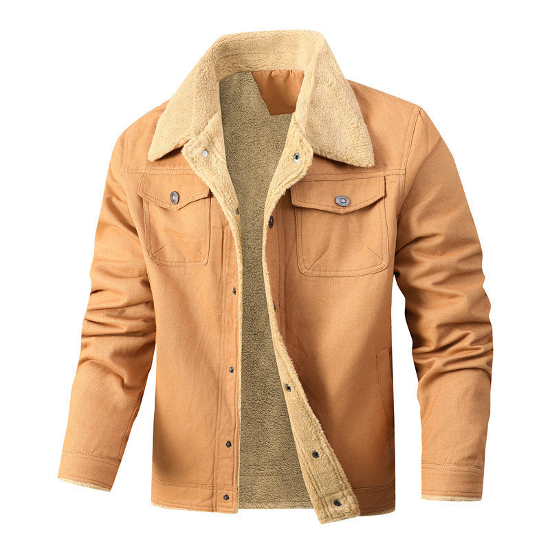 Męska casualowo Sherpa-lwed canvas Trucker kurtka z koszula kołnierzem