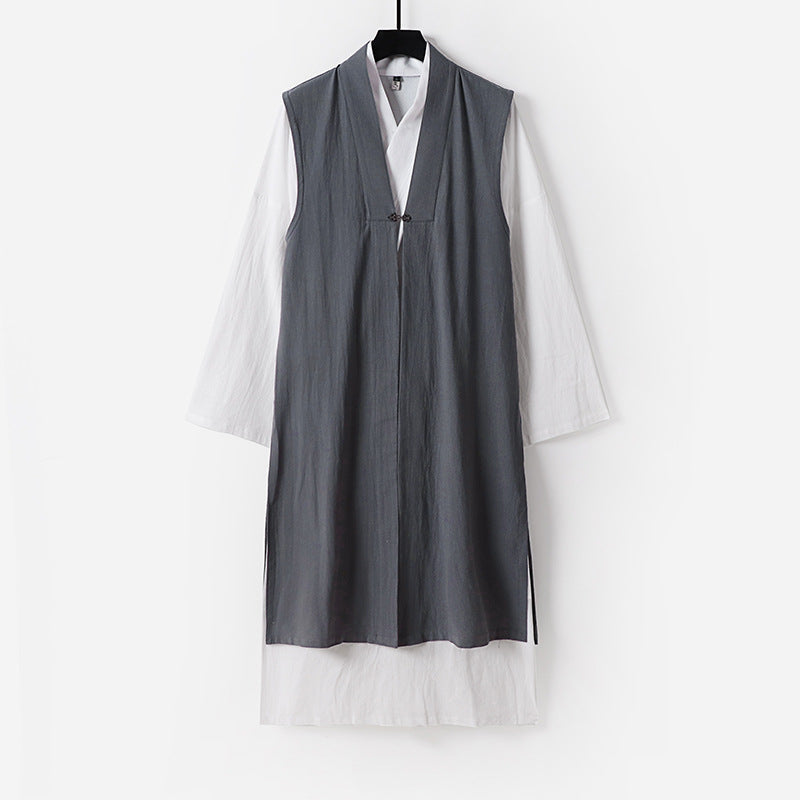 Damska długa bez rękawów kimono kamizelka z Minimalist Lines i Decorative Toggle Closure Lumaza