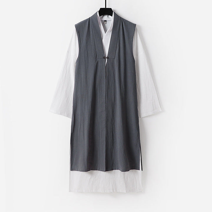 Damska długa bez rękawów kimono kamizelka z Minimalist Lines i Decorative Toggle Closure Lumaza