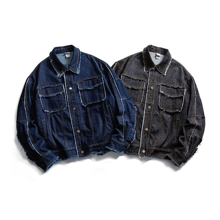 Męska oversize jeansy kurtka z Frayed Edges i Large kieszeniami z patkami