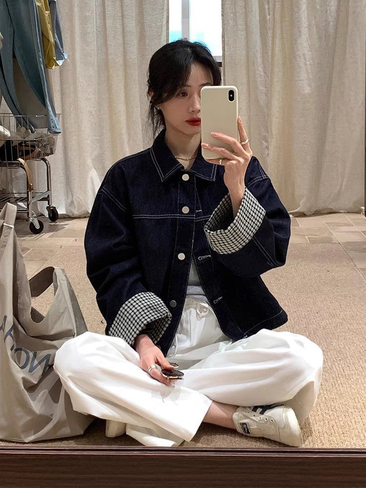 Damska oversize denimowa kurtka z Contrasting Check Lining i Cuff Roll Lumaza