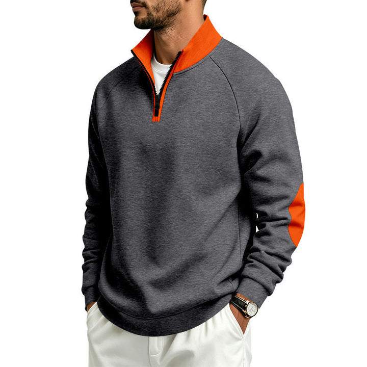 Męska bluza z krótki zamek, kontrastowy Kołnierz i elbow patches
