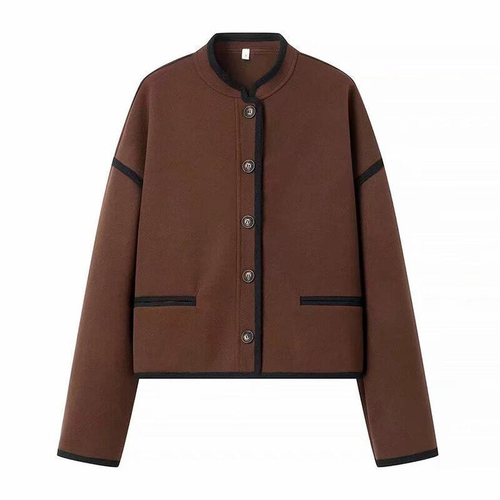 Damska krótka kurtka z round neck, boxy krótka silhouette i kontrastowy piping Lumaza