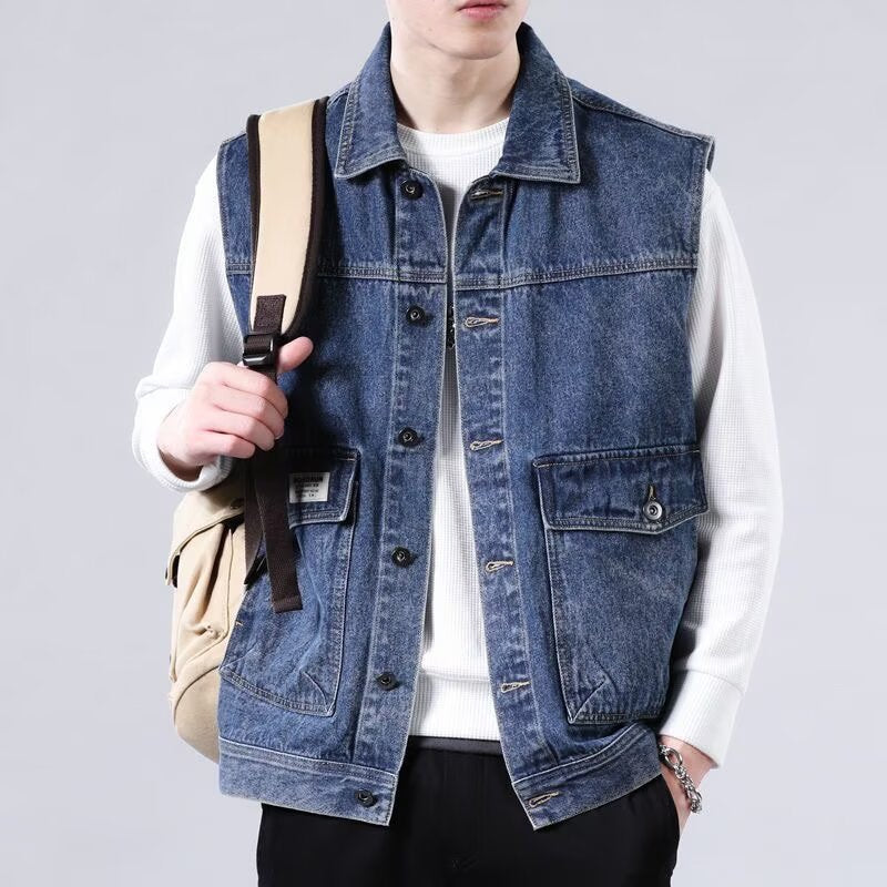 Męski Bez rękawów Jeans Roboczy Kamizelka z Flap Kieszenie i Boxy Krój