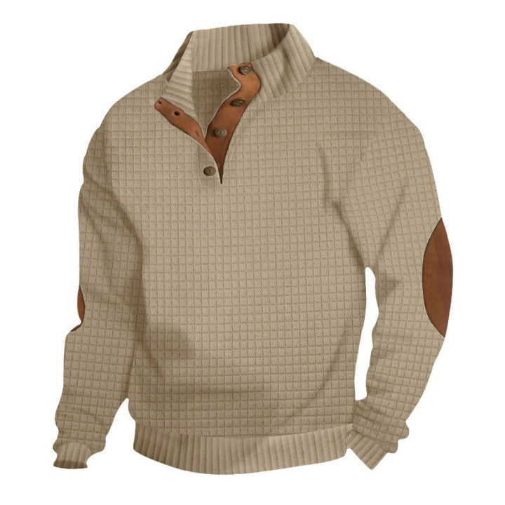 Męska waffle structure troyer z Stójka, Listwa guzikowa i nappa skóra elbow patches