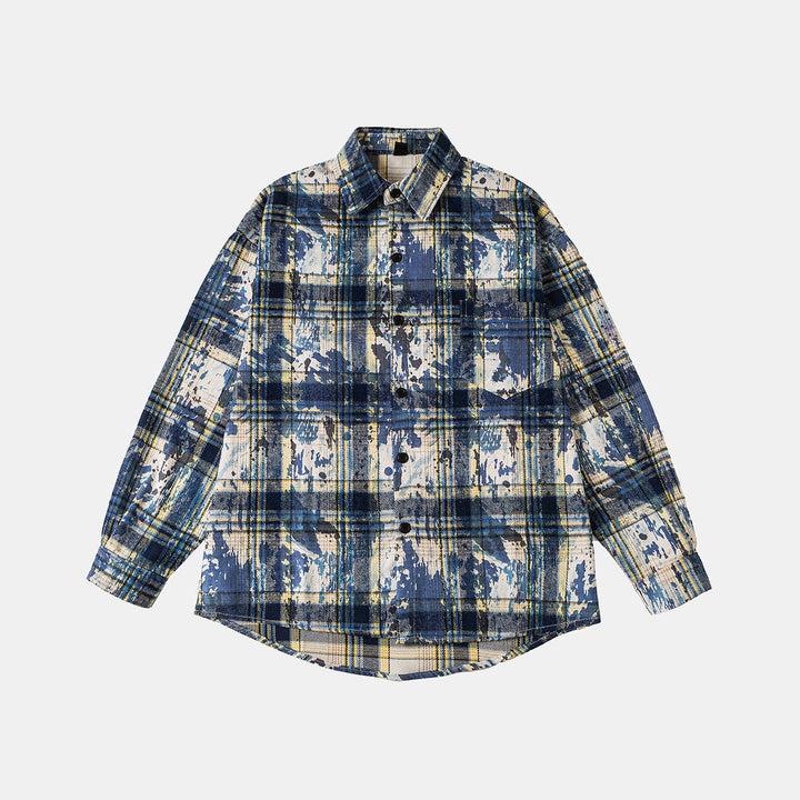 Unisex Overshirt Kurtka koszulowa w w kratę bawełna mieszanka z artistic paint efekt