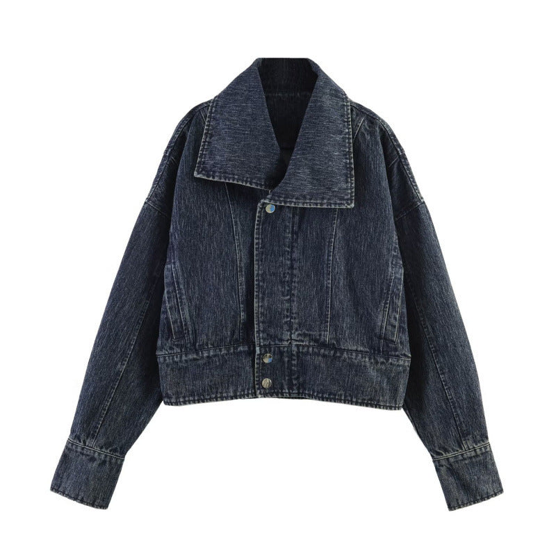 Damskie oversize krótka jeansy kurtka z szeroki Kołnierz