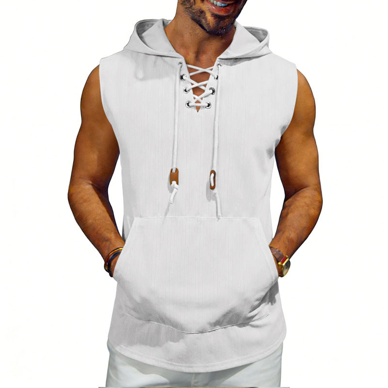 Męska sleeveless z kapturem kamizelka z lace-up V-neck, kieszeń kangurka, i Codzienny Krój