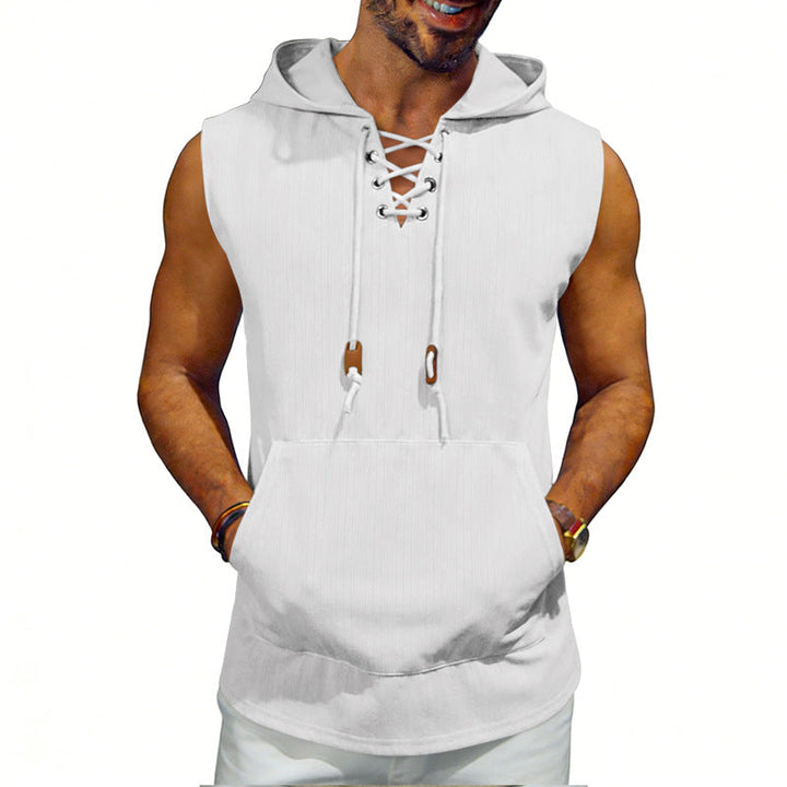 Męska sleeveless z kapturem kamizelka z lace-up V-neck, kieszeń kangurka, i Codzienny Krój