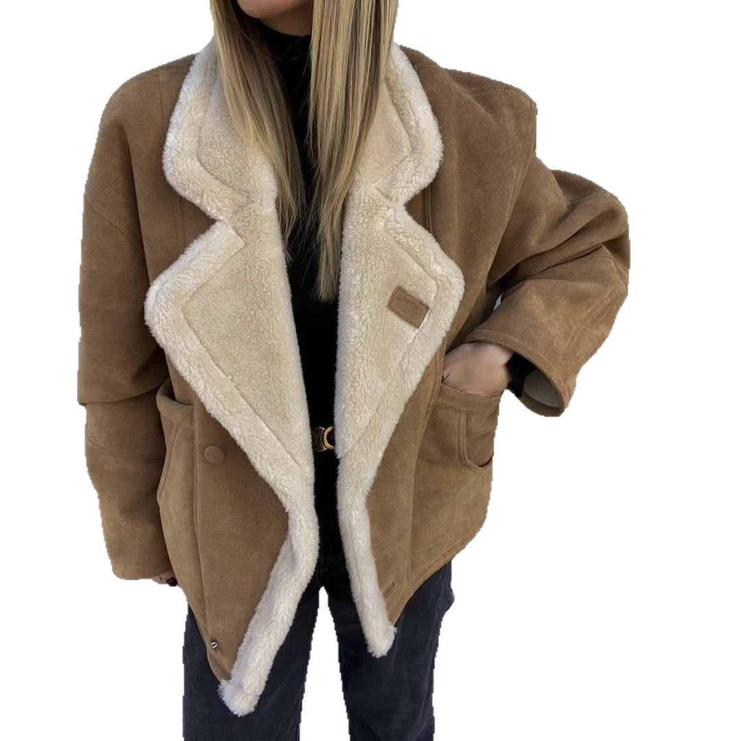 Damska oversize krótka kurtka in Suede Look z Teddy Lining i dużymi Lapel kołnierzem Lumaza
