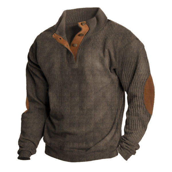 Męska strukturalny rugby sweter z Stójka, Listwa guzikowa, i skóra elbow patches