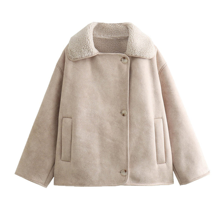 Damska boxy kurtka in Sheepskin Look z Teddy Lining i dużymi Lapel Lumaza
