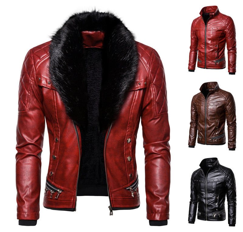 Męska biker skóra kurtka w vwtage wygląd z pikowana shoulder i wide imitacja fur kołnierzem