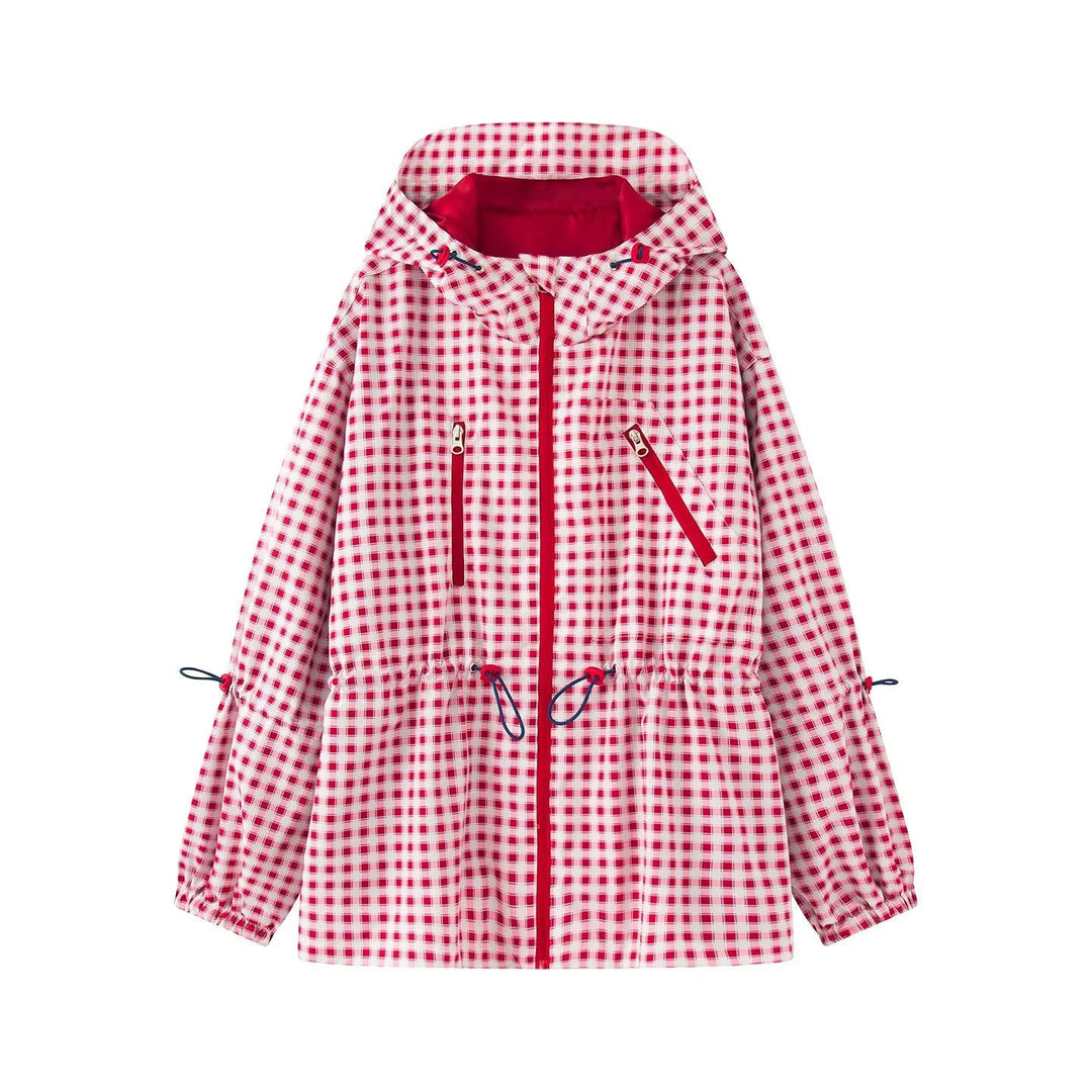 Damska checkered deszczem parka z kaptur, ściągacz Talia i diagonal zippered Kieszenie