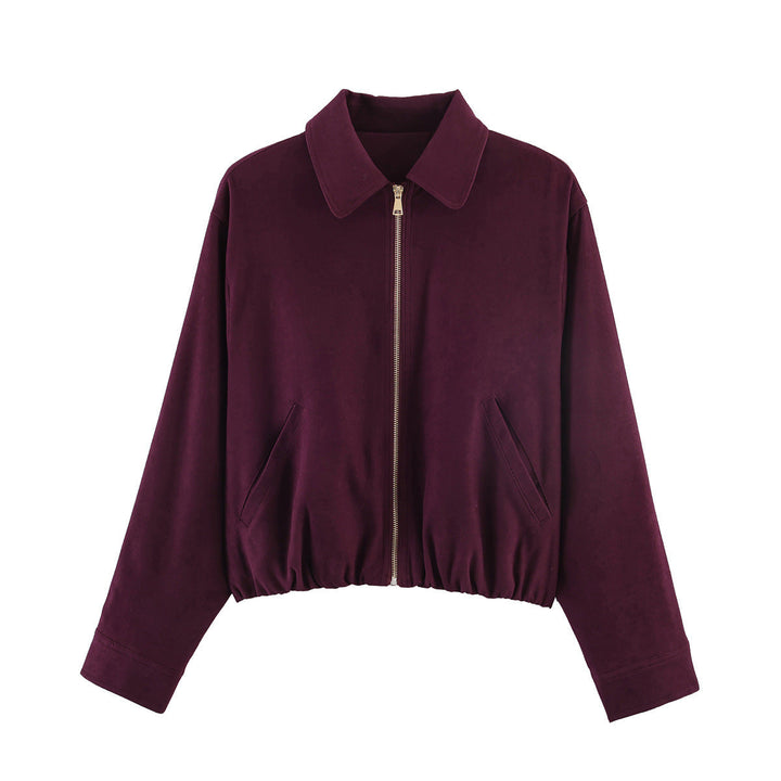 Damska krótka suede look bomber kurtka z zamkiem błyskawicznym, elastic dołem i diagonal side kieszeniami Lumaza