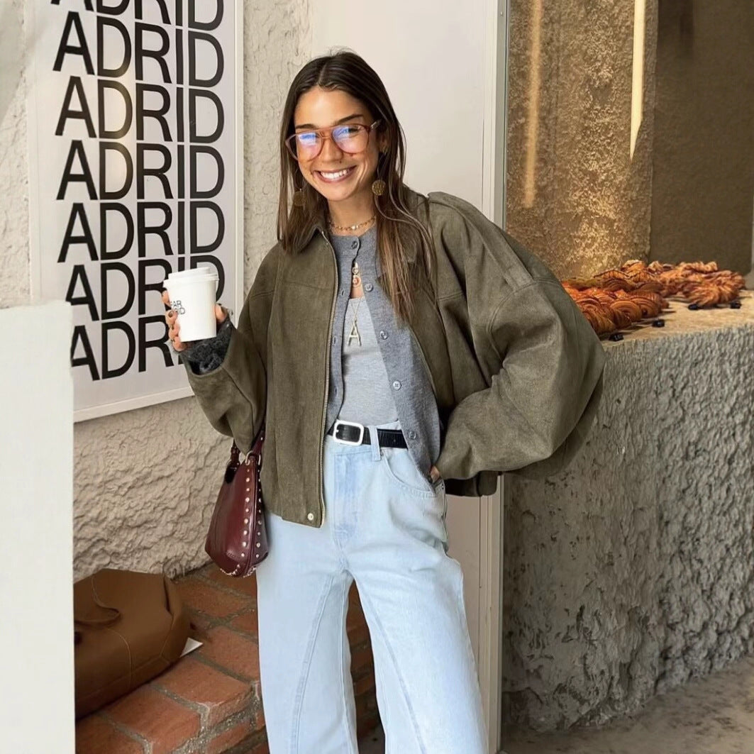 Damska krótka boxy kurtka in oversize Suede Look z Balloon dołem Lumaza