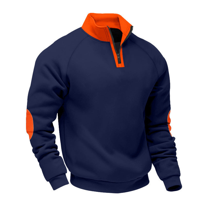 Męska krótki zamek polar pulower z Stójka raglanowy Rękawy i elbow patches