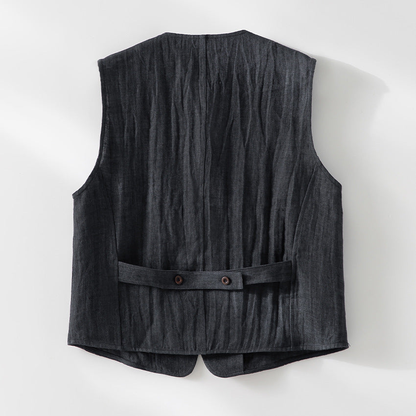 Damska linen kamizelka z V-neck, z naszywanymi kieszeniami, i relaxed krój Lumaza
