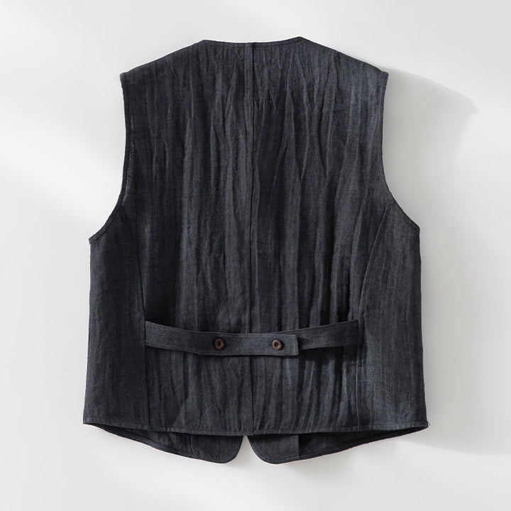 Damska linen kamizelka z V-neck, z naszywanymi kieszeniami, i relaxed krój Lumaza