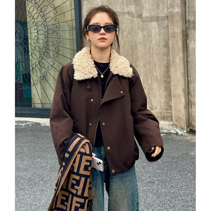 Damska krótka oversize boxy kurtka z Teddy kołnierzem i Snap guzikami Closure Lumaza