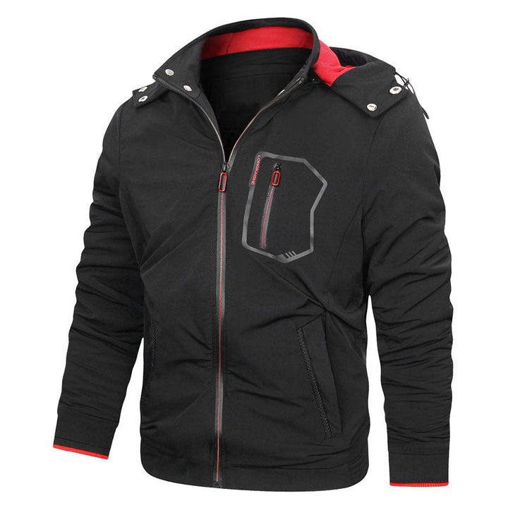Męski softshell użytkowy kurtka z odpinany kaptur, wiatroszczelny membrana, i zippered kieszeń na piersi