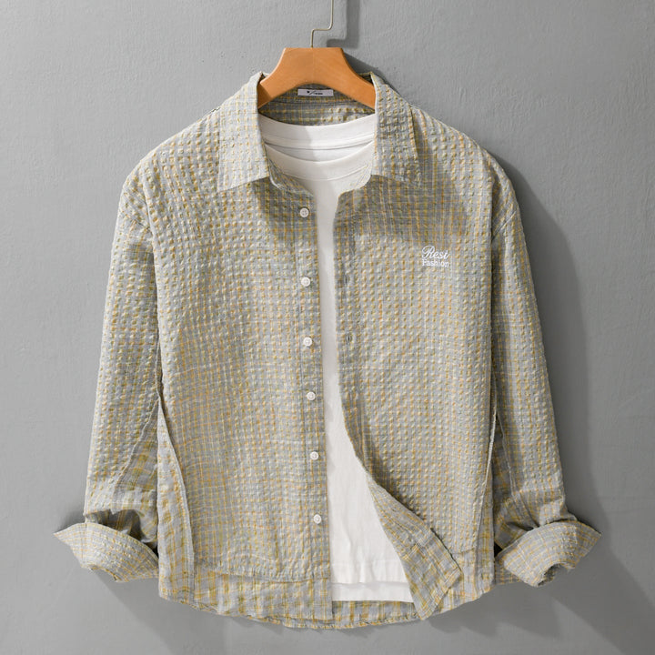 Damska Relaxed-krój Crinkle koszulowa kurtka z fine Gingham weaving structure i subtle chest embroidery Lumaza