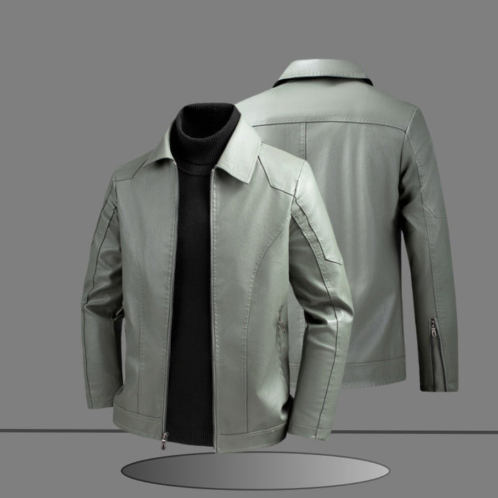 Męski dopasowany krój Imitacja skóry Kurtka w Minimalist Koszula Kołnierz Design z Ukryty Two-Way Zamek