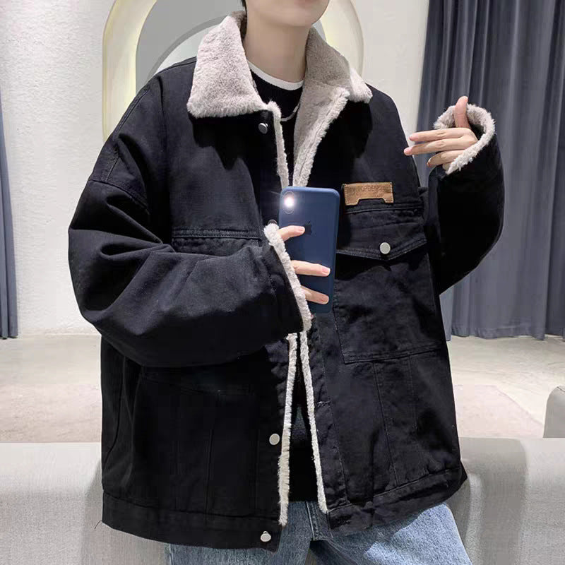 Męski Z podszewką Oversized Denim Kurtka z Teddy Podszewka i Flap Kieszenie