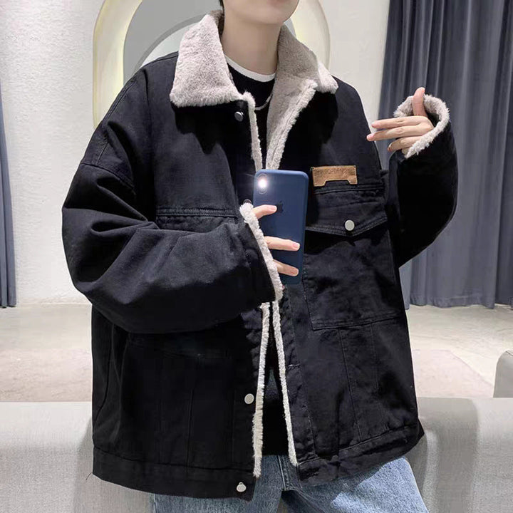 Męski Z podszewką Oversized Denim Kurtka z Teddy Podszewka i Flap Kieszenie