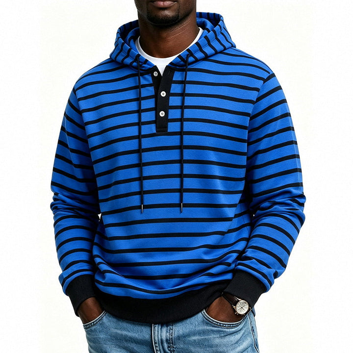Męska bluza z kapturem z Henley Listwa guzikowa i delikatna stripe tekstura Wzór