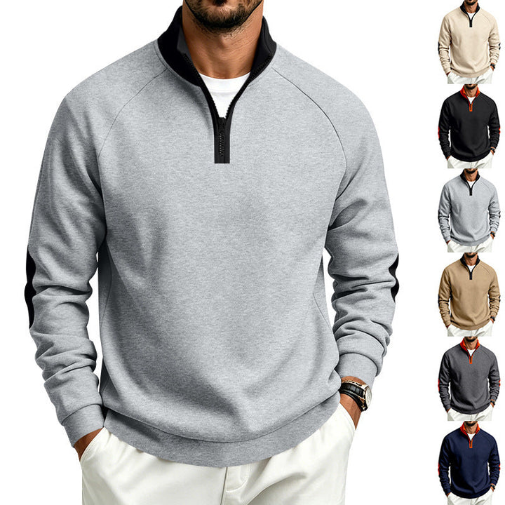 Męska bluza z krótki zamek, kontrastowy Kołnierz i elbow patches