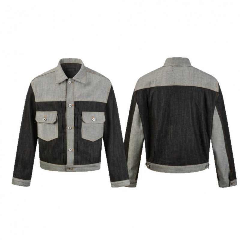 Męska krótsza patchwork denim kurtka z kieszeniami z patkami i constructive seam guidance