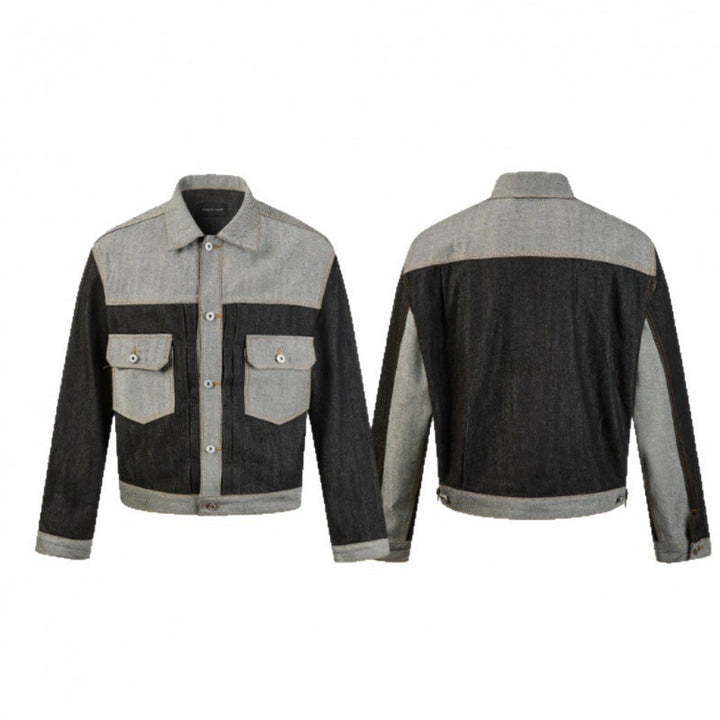 Męska krótsza patchwork denim kurtka z kieszeniami z patkami i constructive seam guidance