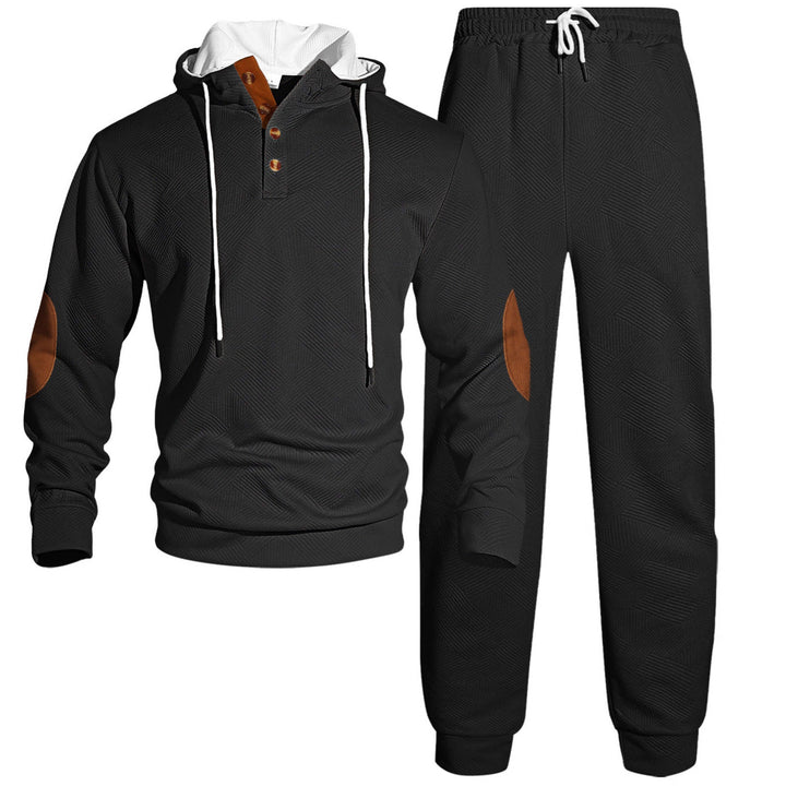 Męska waffle structure Henley bluza z kapturem set z wooden Listwa guzikowa elbow patches i tapered joggery