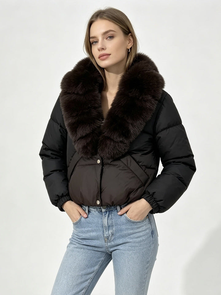 Damska krótka ocieplana kurtka z extra voluminous faux fur shawl kołnierzem i elastic cuffs Lumaza