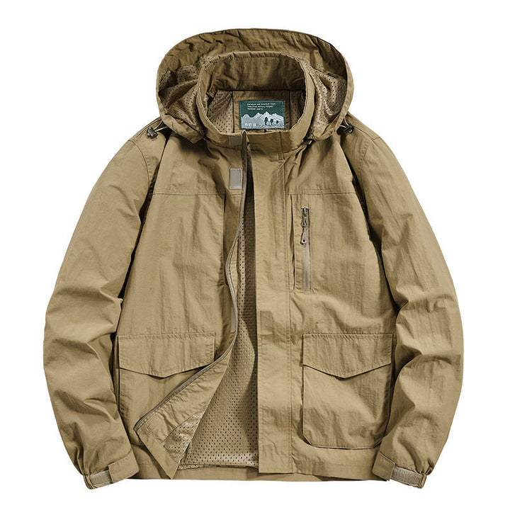 Męska Z kapturem Outdoor Kurtka z Oddychający Siatkowa podszewka, Wodoodporna Ripstop Powłoka &amp; Ukryty Przód Zamek