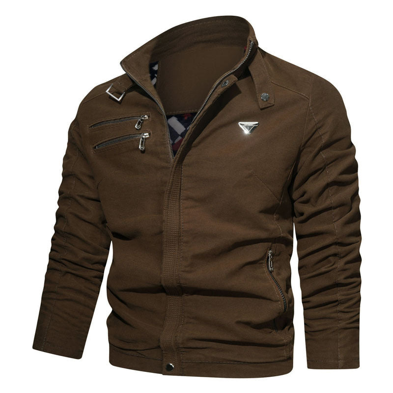 Męski lekki płótno użytkowy blouson z kołnierz ze stójką, asymmetrical chest zamek section, i dekoracyjne zippers.