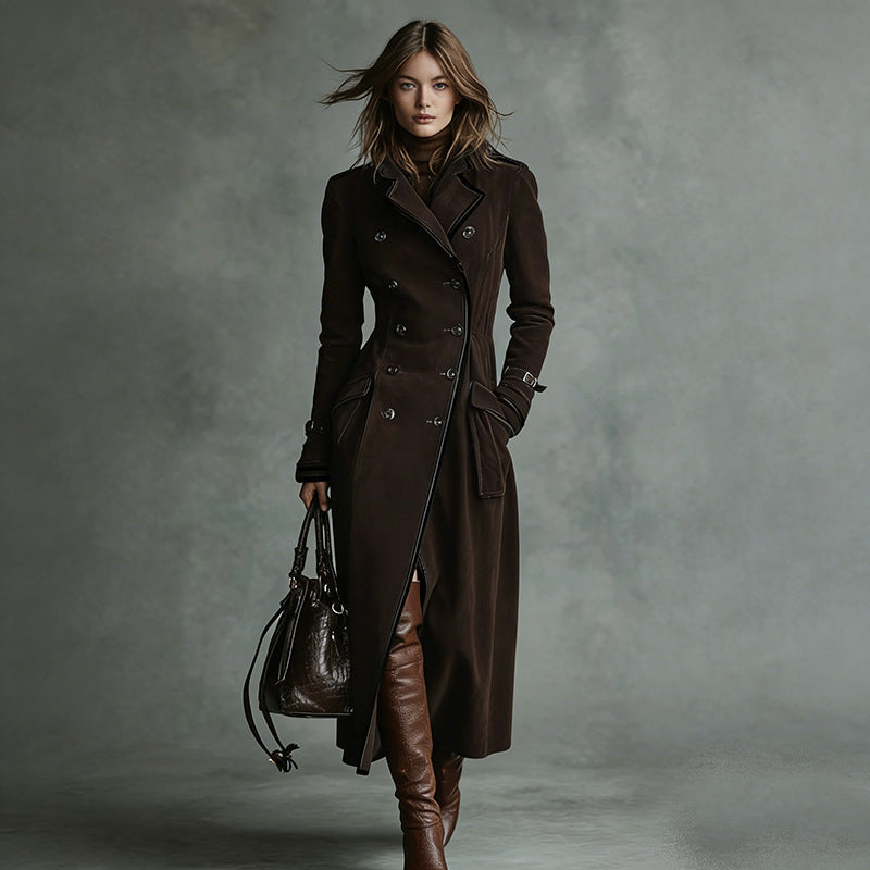 Damska długaer taliowana trencz in Suede Look z dwurzędna guzikami listwą i Buckle Cuffs Lumaza