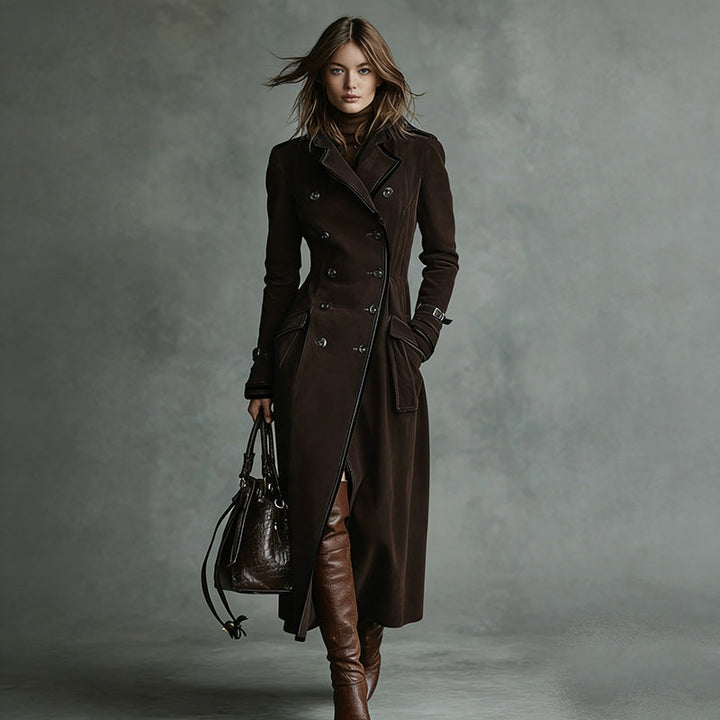 Damska długaer taliowana trencz in Suede Look z dwurzędna guzikami listwą i Buckle Cuffs Lumaza