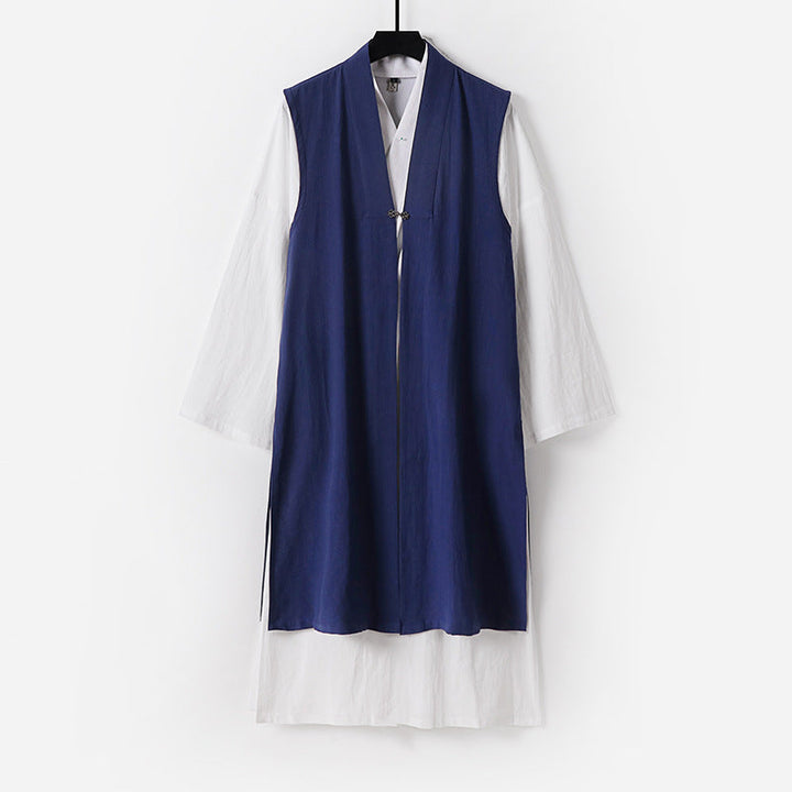 Damska długa bez rękawów kimono kamizelka z Minimalist Lines i Decorative Toggle Closure Lumaza
