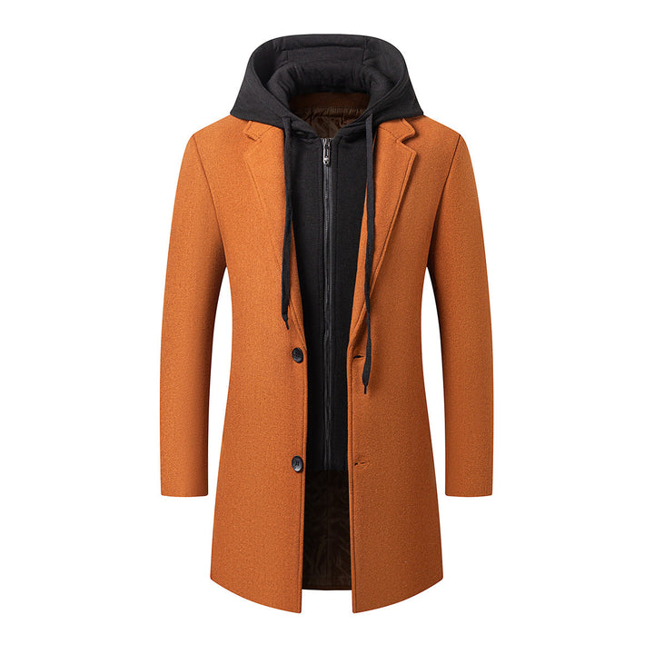 Męski Długi Wool Mieszanka Overcoat z Integrated Hooded Wewnętrzny Kurtka i Two-Way Zamek